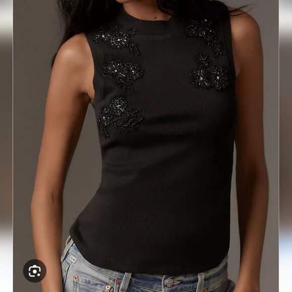 ANTHRO | Beaded Applique Tank Blouse Top black ribbed cotton Sz XL - Picture 1 of 7